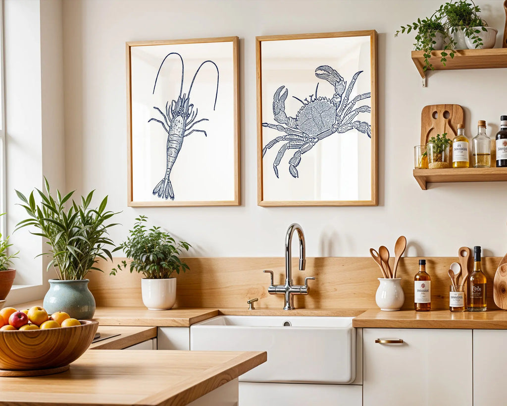 Colourful Prints | Nautical Lobster and Crab Art Prints | Coastal Marine Life Set (Set of 2) wall art print, modern home decor, unframed artwork by Nomad & Nest