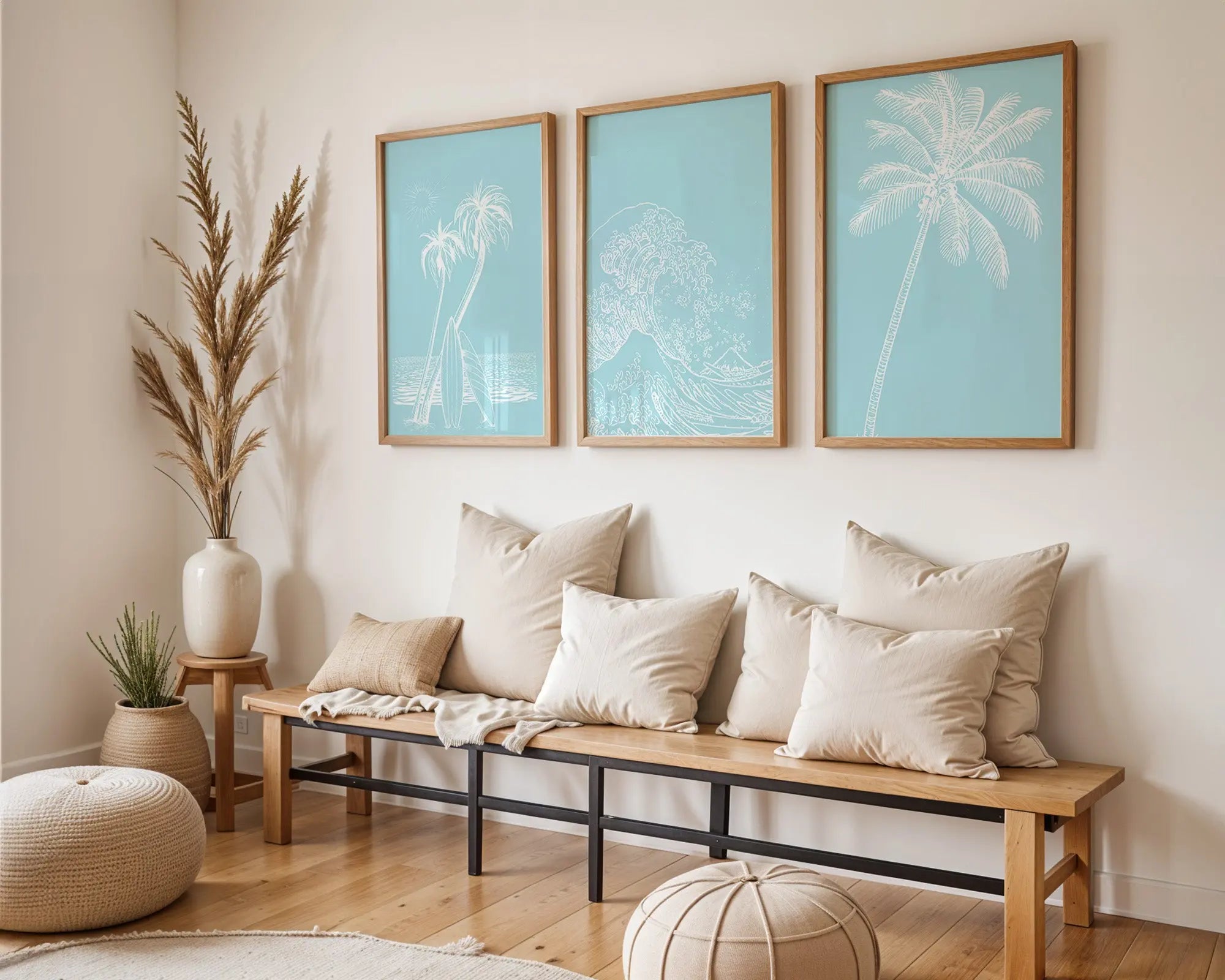 Colourful Prints | Coastal Aqua Blue Print Set | Palm, Wave, Surfboard Wall Art (Set of 3) wall art print, modern home decor, unframed artwork by Nomad & Nest