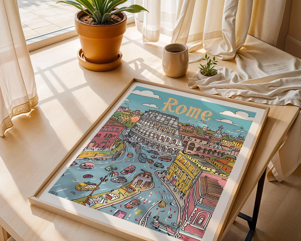 Rome Colosseum Print | Colorful Hand-Drawn Italian Cityscape wall art print, modern home decor, unframed artwork by Nomad & Nest