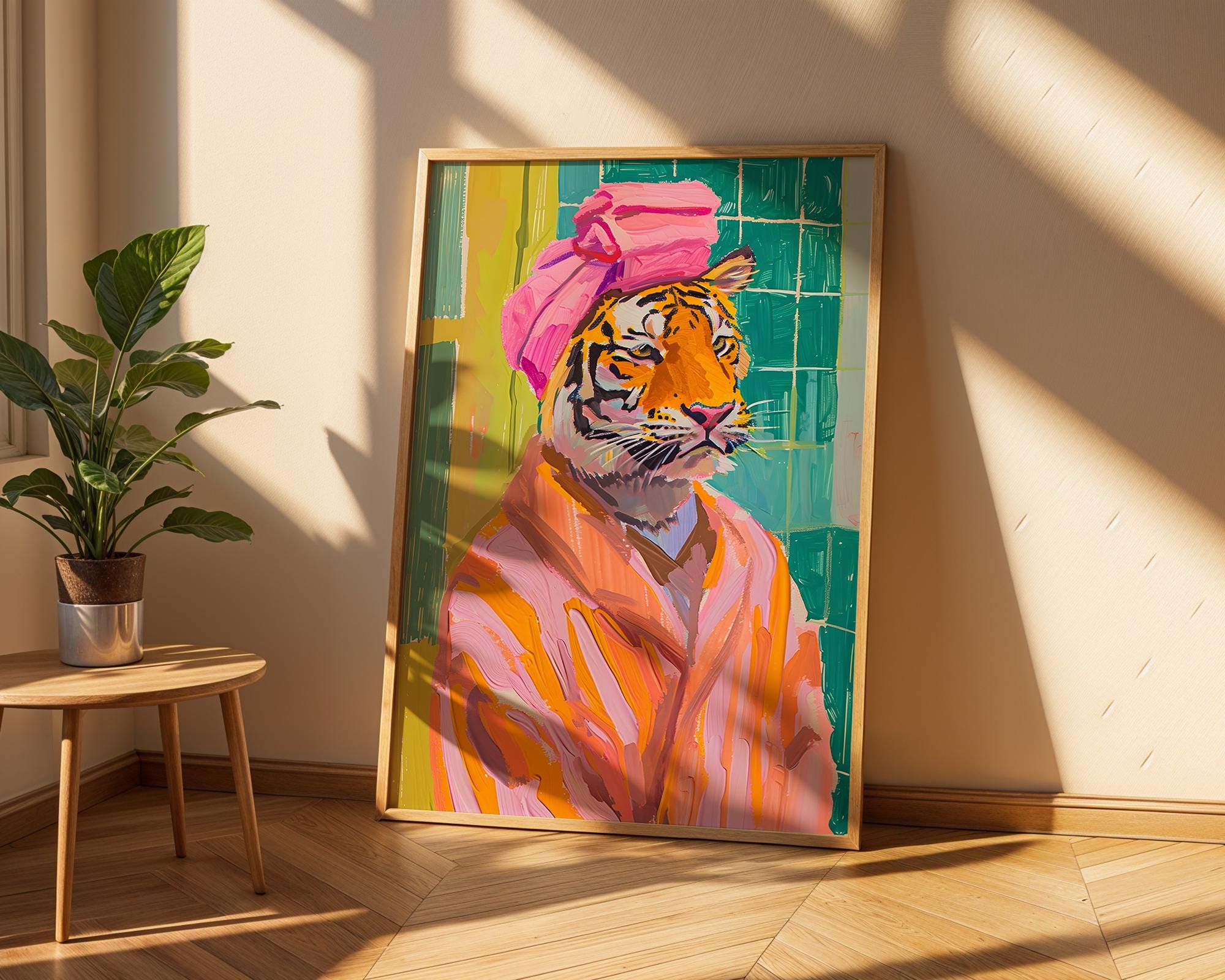 Colourful Prints | Tiger in Bathrobe Art Print | Funny Bathroom Animal Poster wall art print, modern home decor, unframed artwork by Nomad & Nest