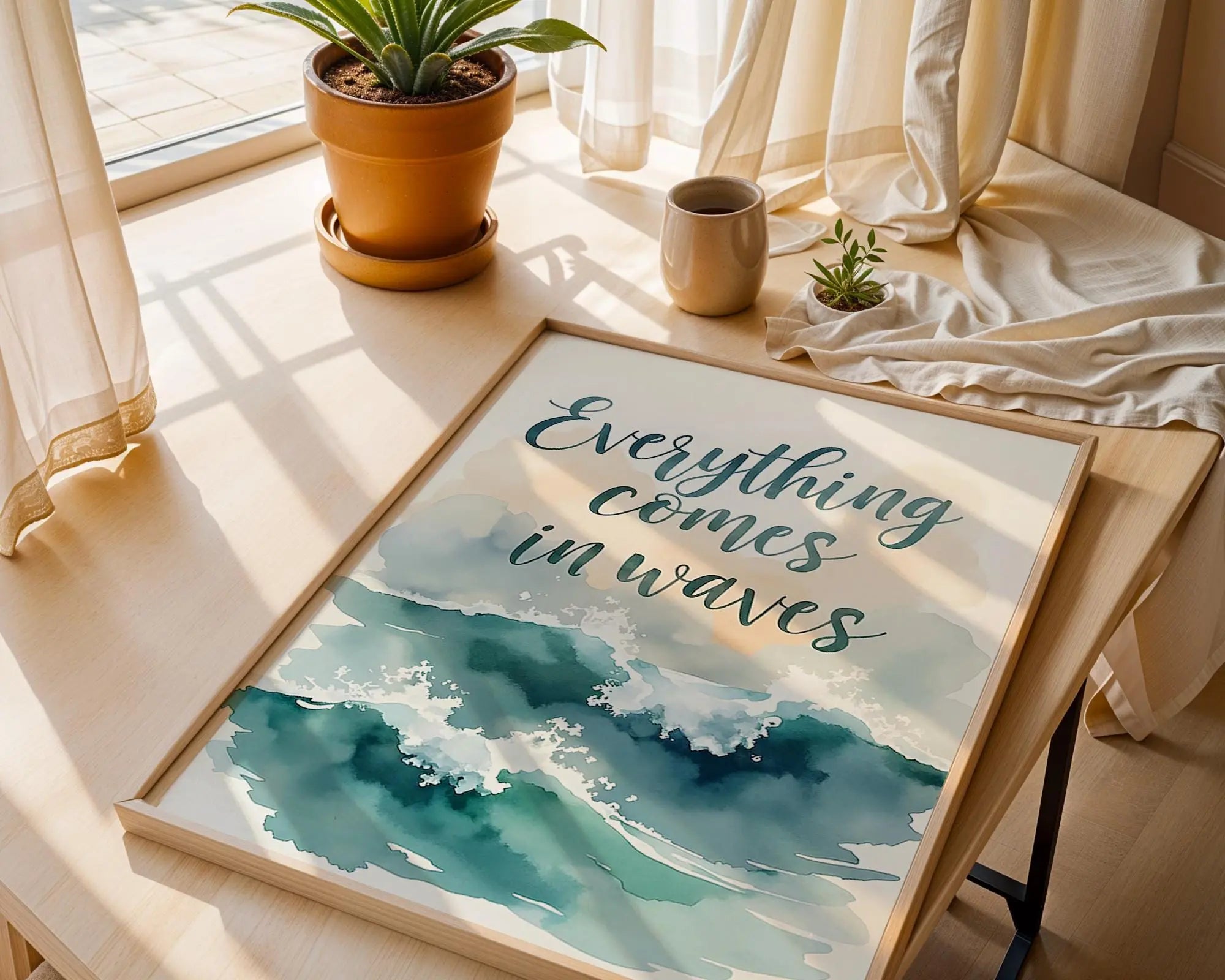 Positive Emotion | Everything Comes in Waves | Ocean Watercolour Quote | Coastal Calm Wall Art wall art print, modern home decor, unframed artwork by Nomad & Nest