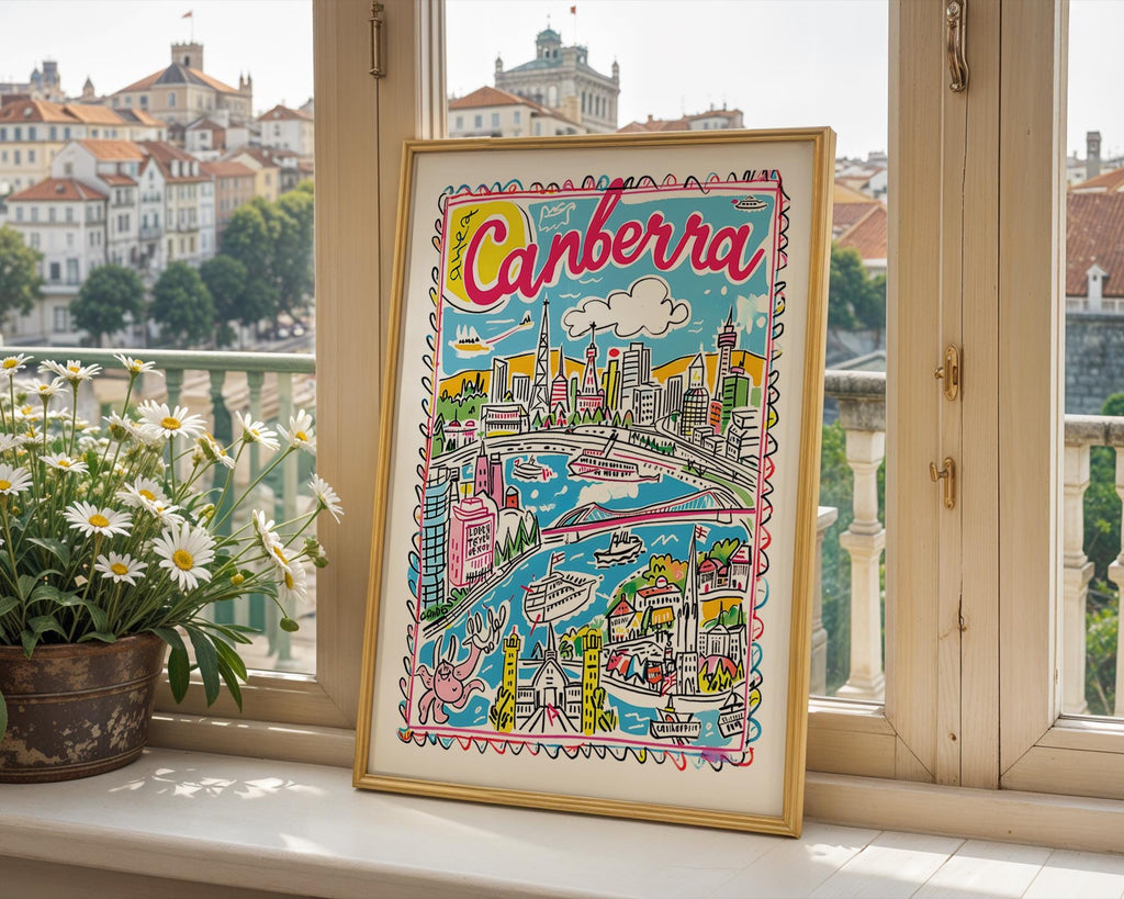 Canberra Australia Poster | Colorful Cityscape Travel Art Print wall art print, modern home decor, unframed artwork by Nomad & Nest
