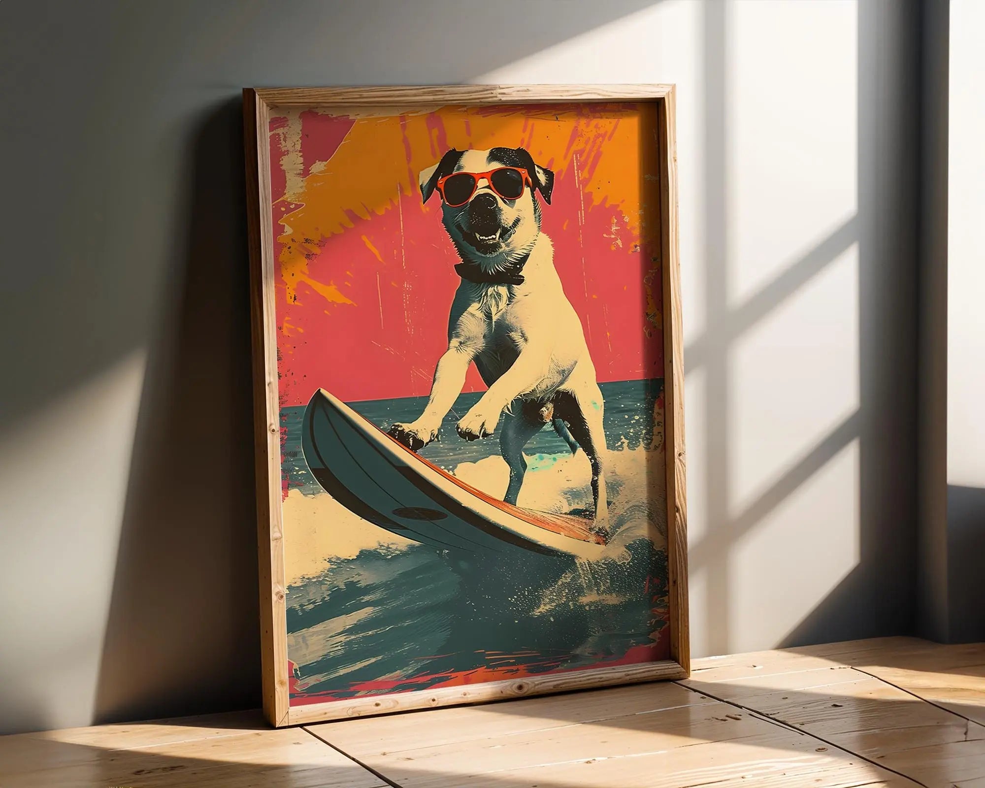 Modern Pop Art | Surfing Dog  Print | Retro Beach Poster, Coastal Decor wall art print, modern home decor, unframed artwork by Nomad & Nest