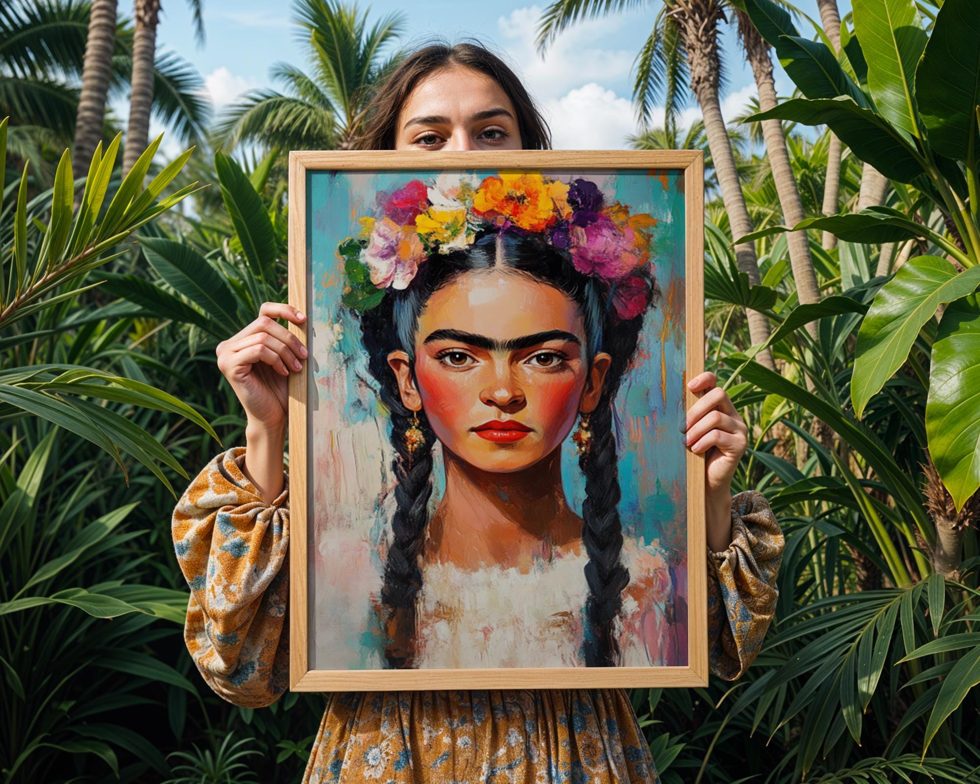 Frida Kahlo Portrait Print | Impasto Floral Crown, Mexican Folk Art wall art print, modern home decor, unframed artwork by Nomad & Nest