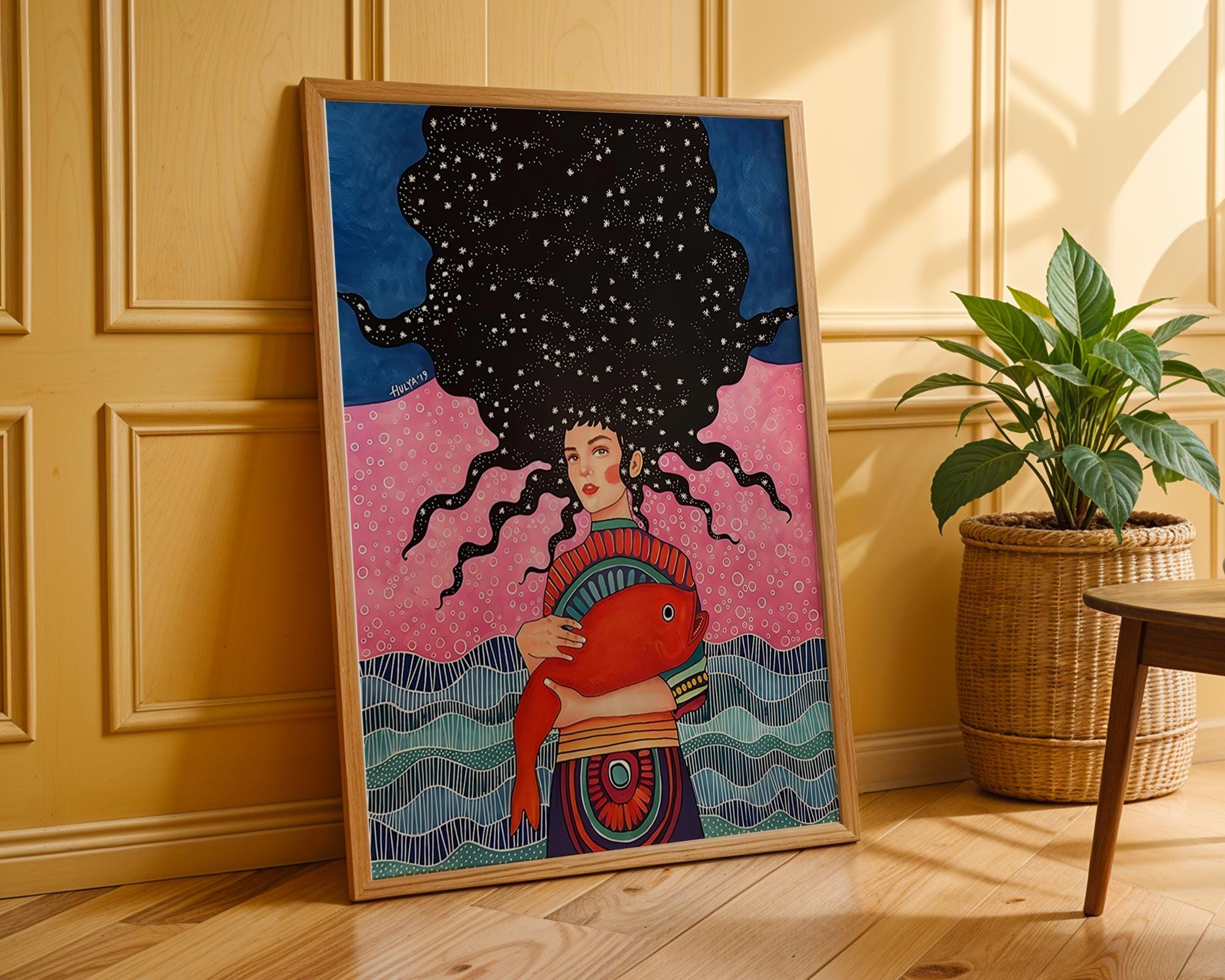 Surreal Woman with Fish Art Print | Cosmic Colorful Wall Decor wall art print, modern home decor, unframed artwork by Nomad & Nest