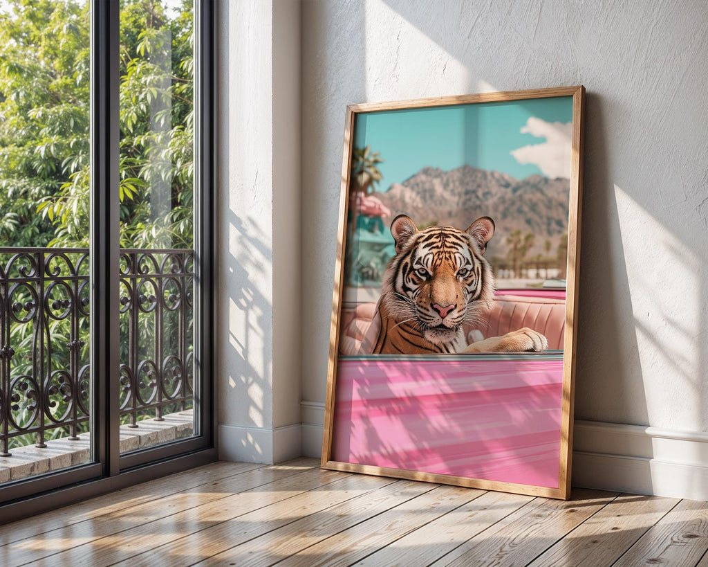 Tiger in Pink Convertible Print | Retro Palm Springs Wall Art wall art print, modern home decor, unframed artwork by Nomad & Nest
