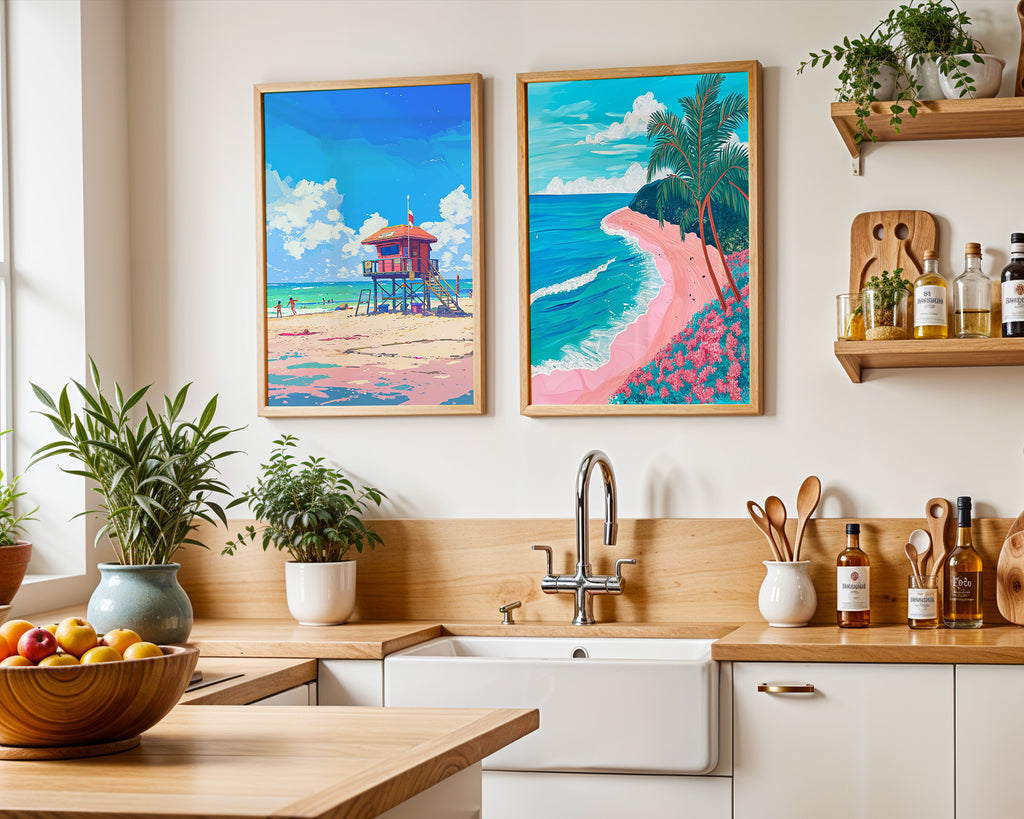 Colourful Prints | Beach Prints Set | Palm Tree & Lifeguard Tower Coastal Art (Set of 2) wall art print, modern home decor, unframed artwork by Nomad & Nest