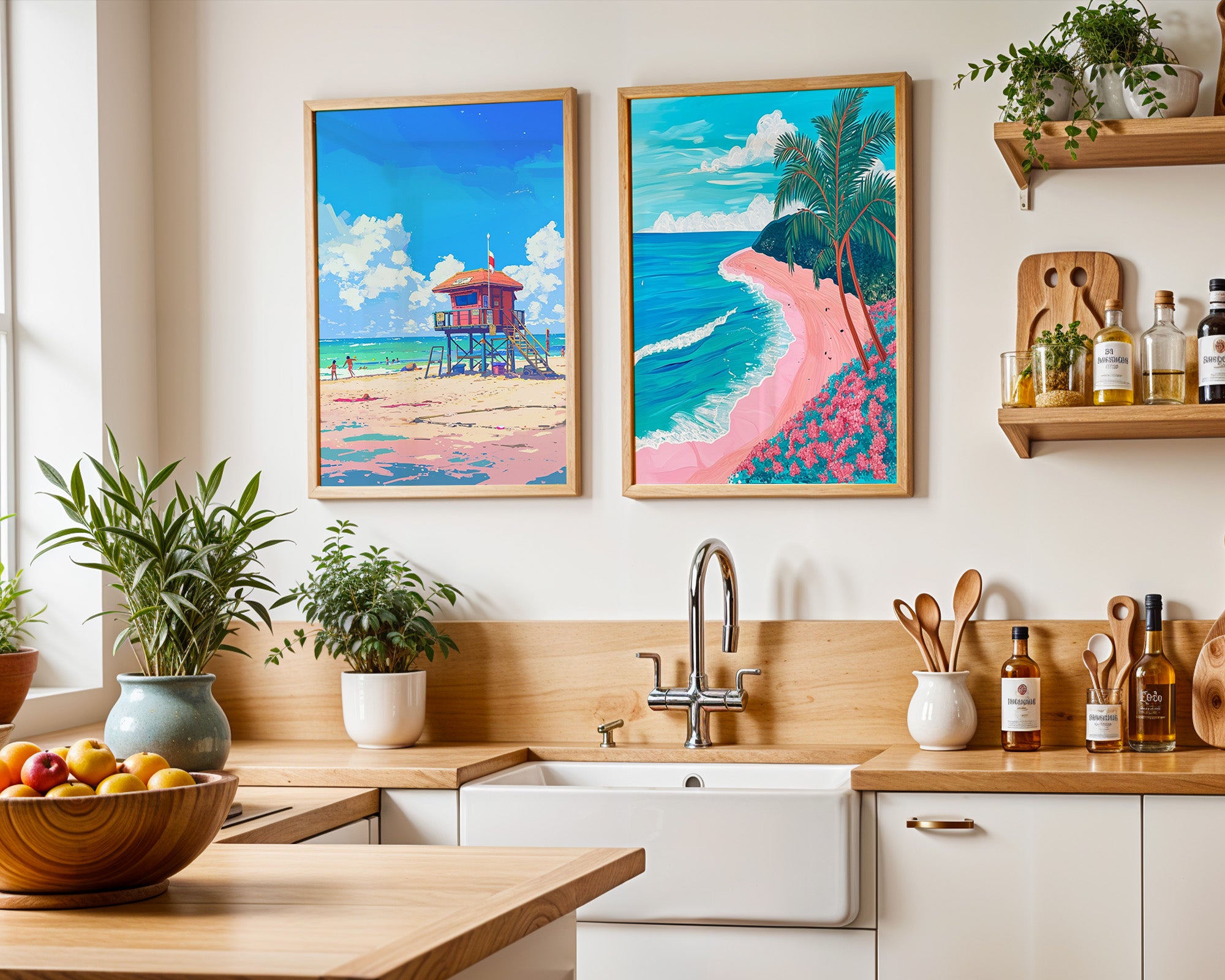 Colourful Prints | Beach Prints Set | Palm Tree & Lifeguard Tower Coastal Art (Set of 2) wall art print, modern home decor, unframed artwork by Nomad & Nest