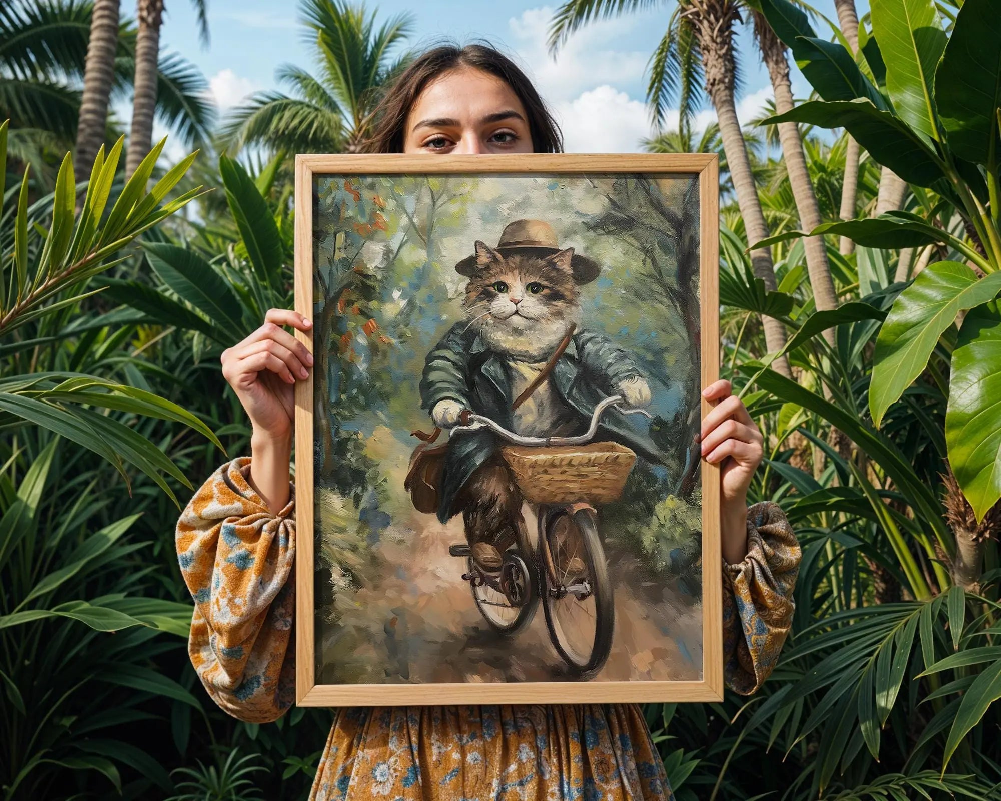 Cat on Bicycle Print | Whimsical Feline Poster wall art print, modern home decor, unframed artwork by Nomad & Nest