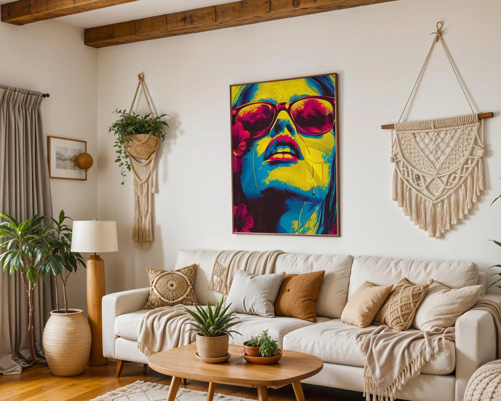 Modern Pop Art | Neon Woman Portrait  Print | Retro , Sunglasses & Flowers wall art print, modern home decor, unframed artwork by Nomad & Nest