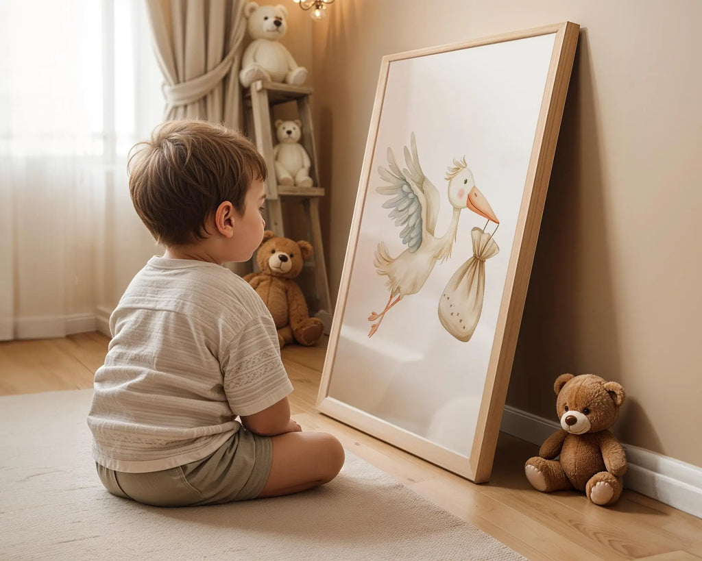 Playroom Ideas | Stork Nursery Wall Art | Flying Bird New Baby Arrival Print wall art print, modern home decor, unframed artwork by Nomad & Nest