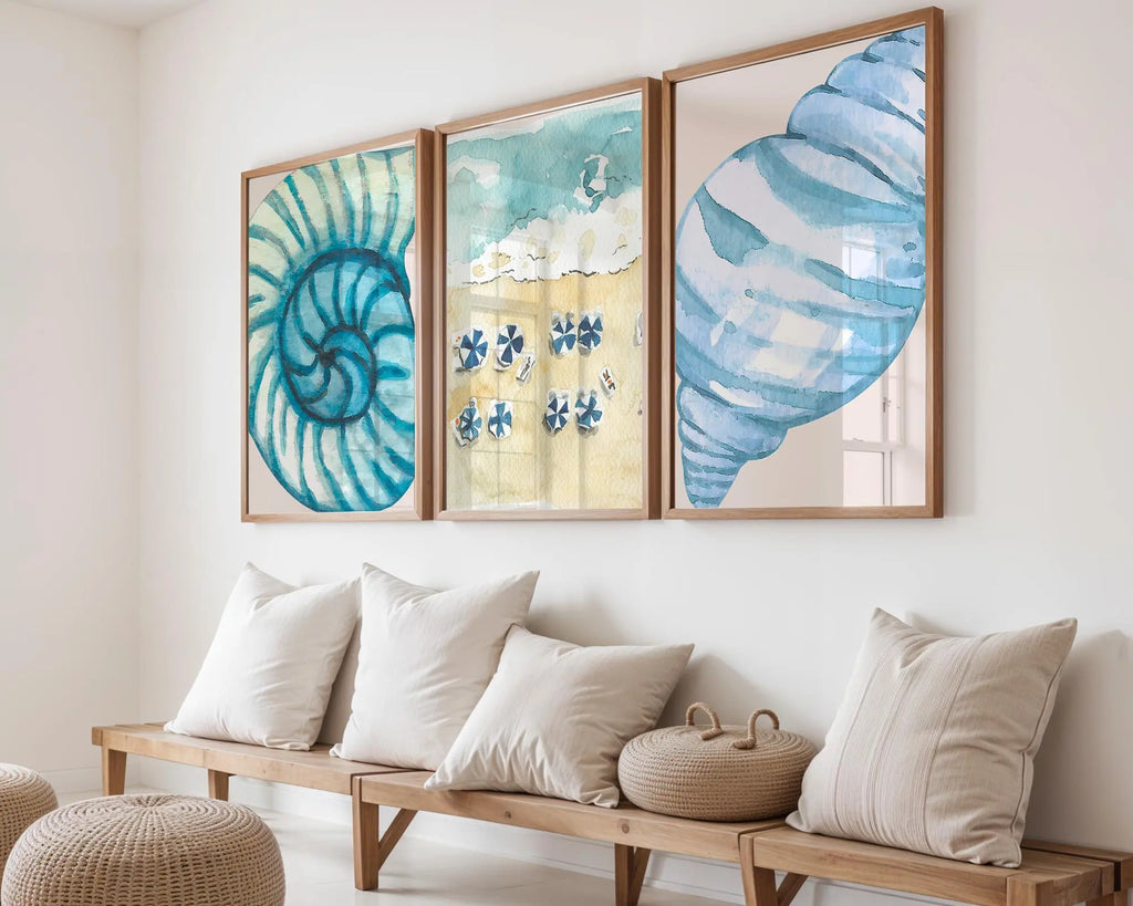 Colourful Prints | Beach Wall Art Prints Set • Nautical Seashell & Umbrella Watercolor wall art print, modern home decor, unframed artwork by Nomad & Nest