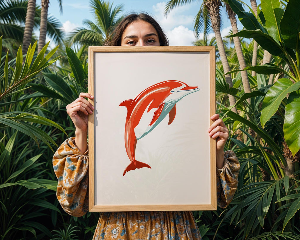 Red Dolphin Print | Playful Sea Mammal Wall Art wall art print, modern home decor, unframed artwork by Nomad & Nest
