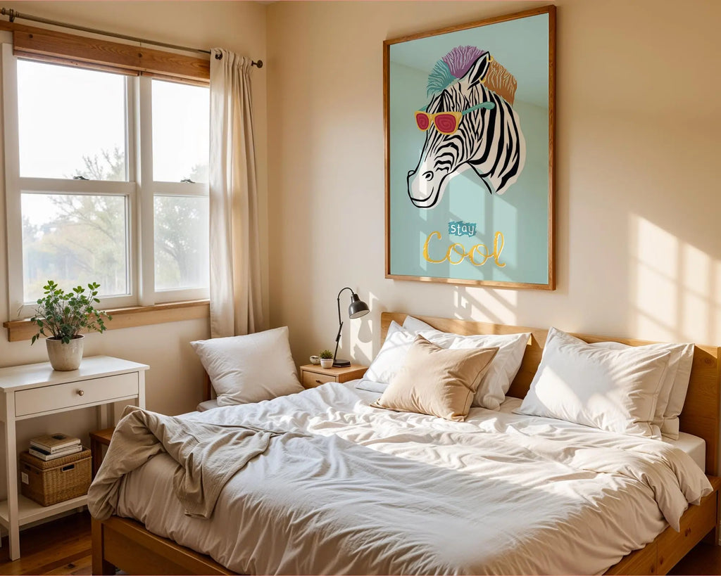 Cool Zebra Art Print | Fun Animal Poster with Sunglasses wall art print, modern home decor, unframed artwork by Nomad & Nest