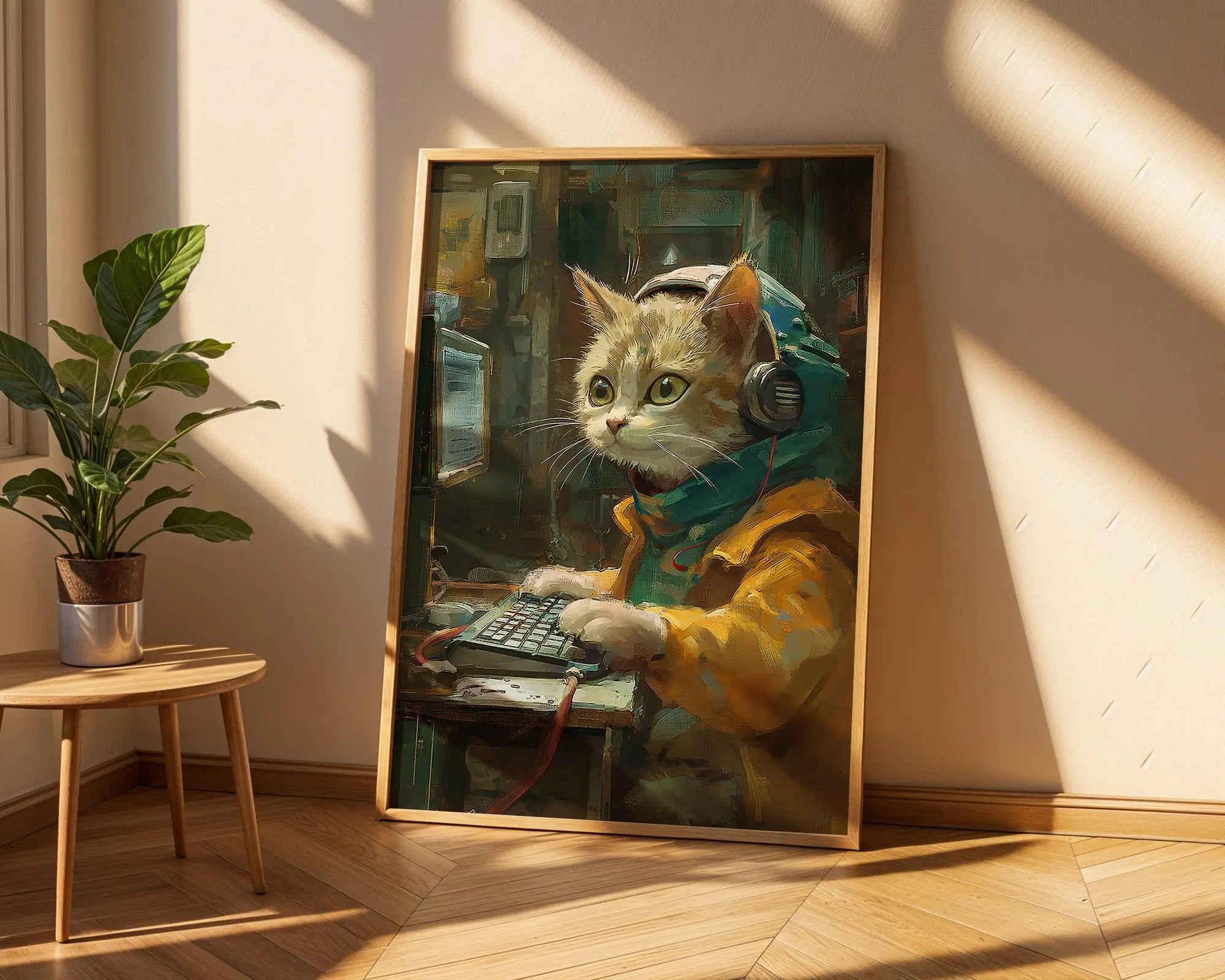 Gamer Cat Print | Lo-Fi Kitten Programmer Wall Art | Digital Art Cyberpunk Cat Poster | Cute Geeky Animal Office Decor | Boys Room Poster wall art print, modern home decor, unframed artwork by Nomad & Nest