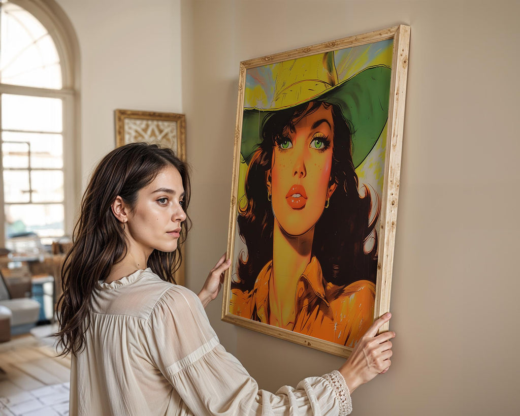 Modern Pop Art | Cowgirl Portrait | Retro Western Woman with Green Hat Poster wall art print, modern home decor, unframed artwork by Nomad & Nest