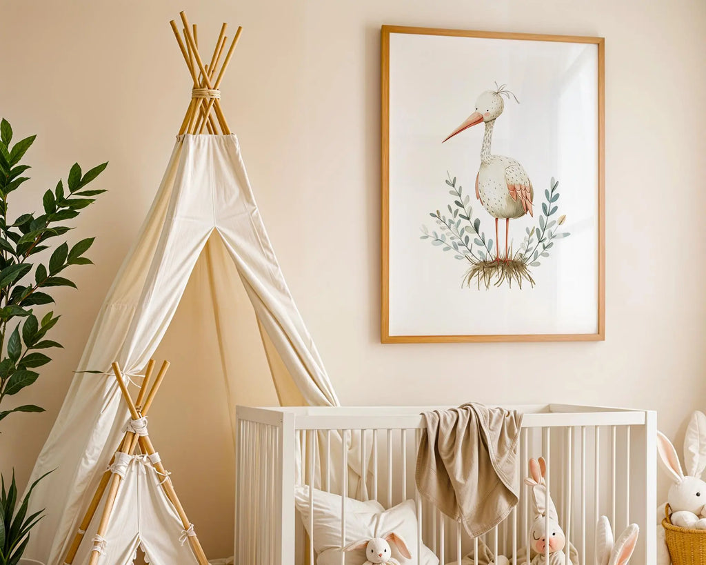Playroom Ideas | Tall Stork Nursery Wall Art | Nature Bird Baby Decor Print wall art print, modern home decor, unframed artwork by Nomad & Nest