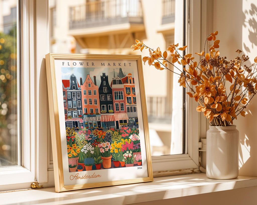Amsterdam Flower Market Print | Colorful Dutch Travel Poster wall art print, modern home decor, unframed artwork by Nomad & Nest