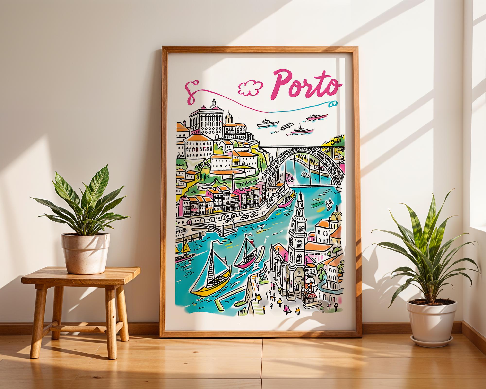 Porto Cityscape Travel Poster | Douro River Illustration Print wall art print, modern home decor, unframed artwork by Nomad & Nest