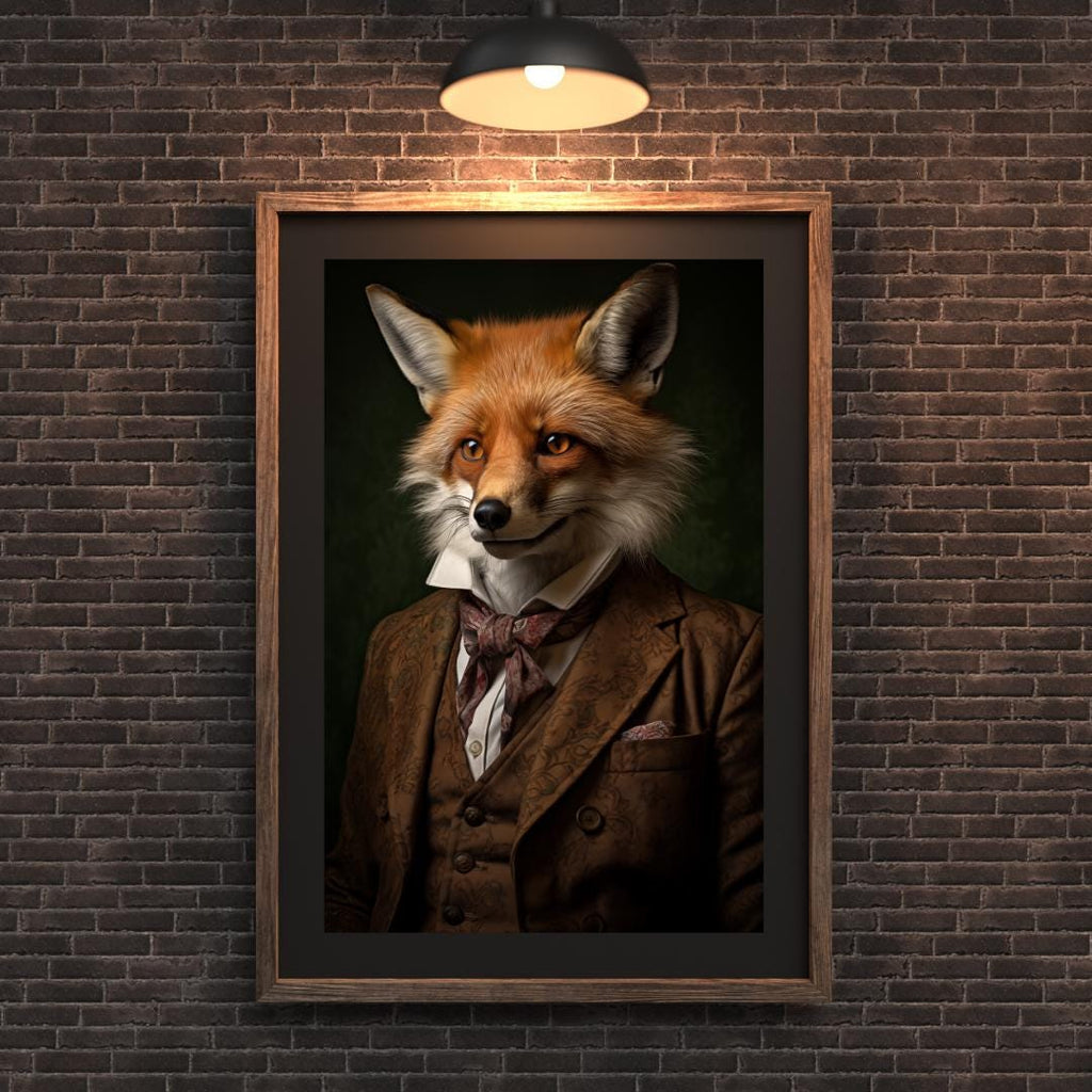 Vintage Fox Wall Art | Red Fox in Embroidered Suit and Cravat, Whimsical Animal Portrait wall art print, modern home decor, unframed artwork by Nomad & Nest