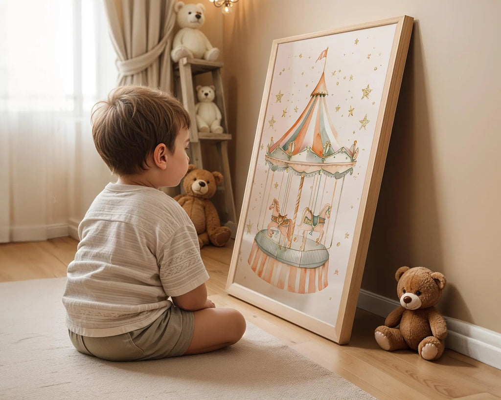 Playroom Ideas | Pastel Carousel Nursery Wall Art | Vintage Fairground Art wall art print, modern home decor, unframed artwork by Nomad & Nest