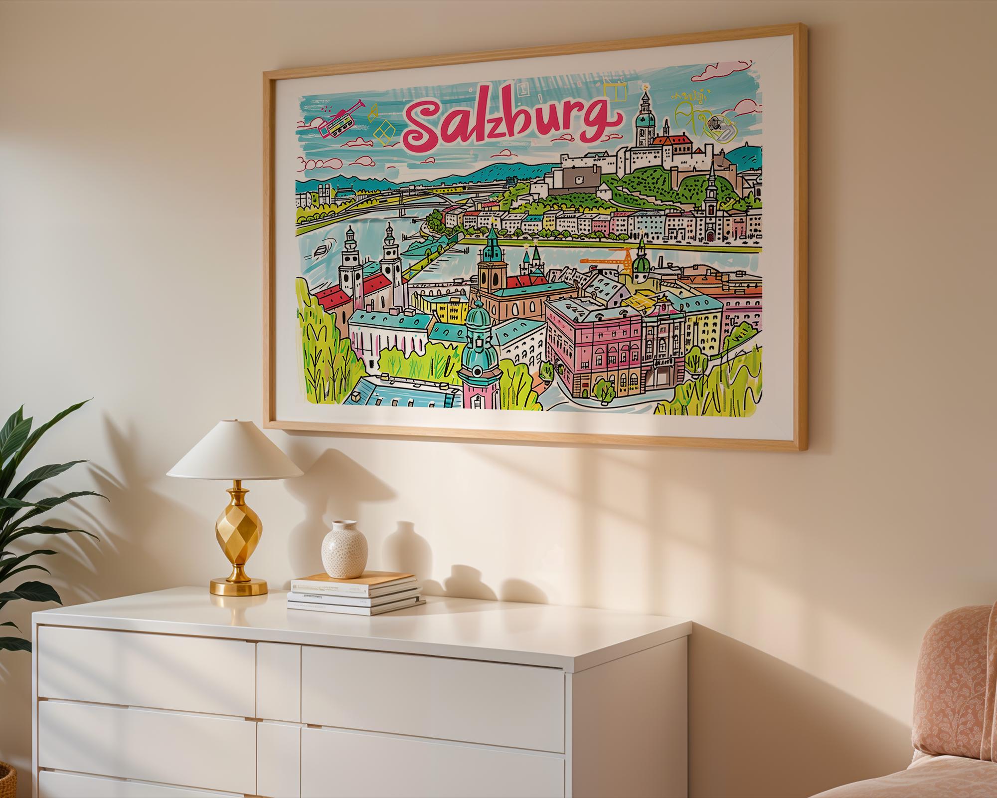 Salzburg Austria Travel Poster | Colorful European Cityscape Art Print wall art print, modern home decor, unframed artwork by Nomad & Nest