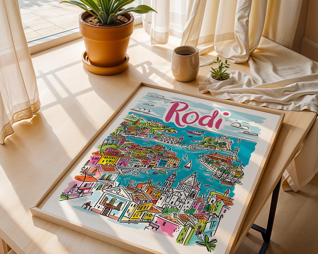 Rhodes Greece Art Print | Colorful Old Town Coastal Decor wall art print, modern home decor, unframed artwork by Nomad & Nest
