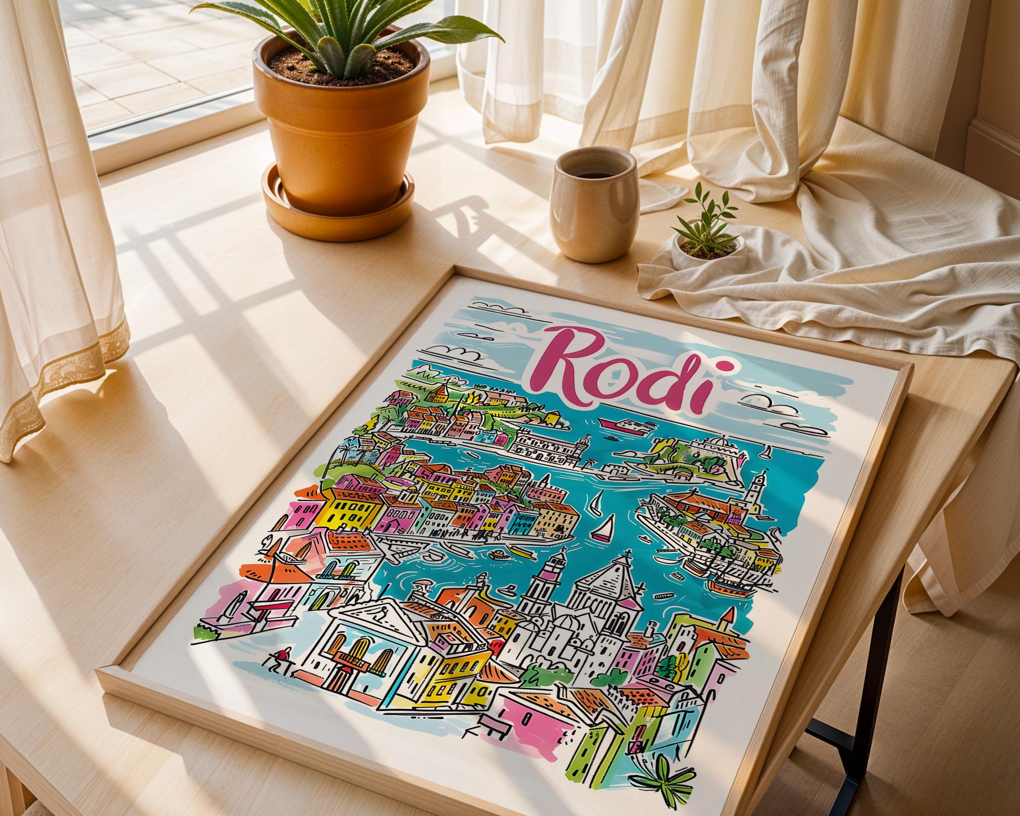 Rhodes Greece Art Print | Colorful Old Town Coastal Decor wall art print, modern home decor, unframed artwork by Nomad & Nest
