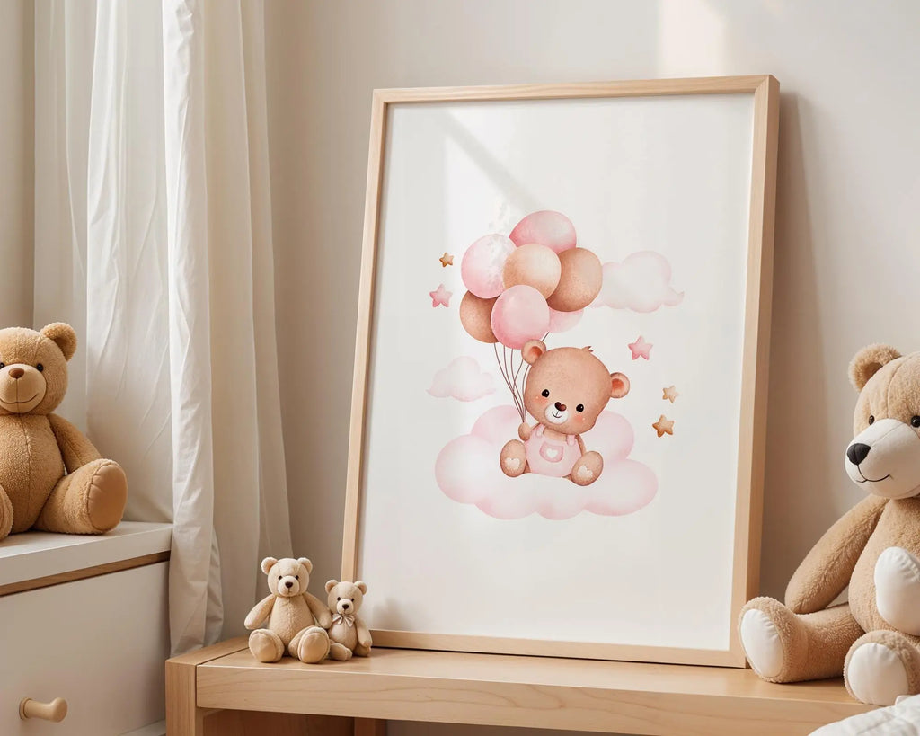 Playroom Ideas | Floating Bear Nursery Wall Art | Dreamy Balloon Baby Print wall art print, modern home decor, unframed artwork by Nomad & Nest