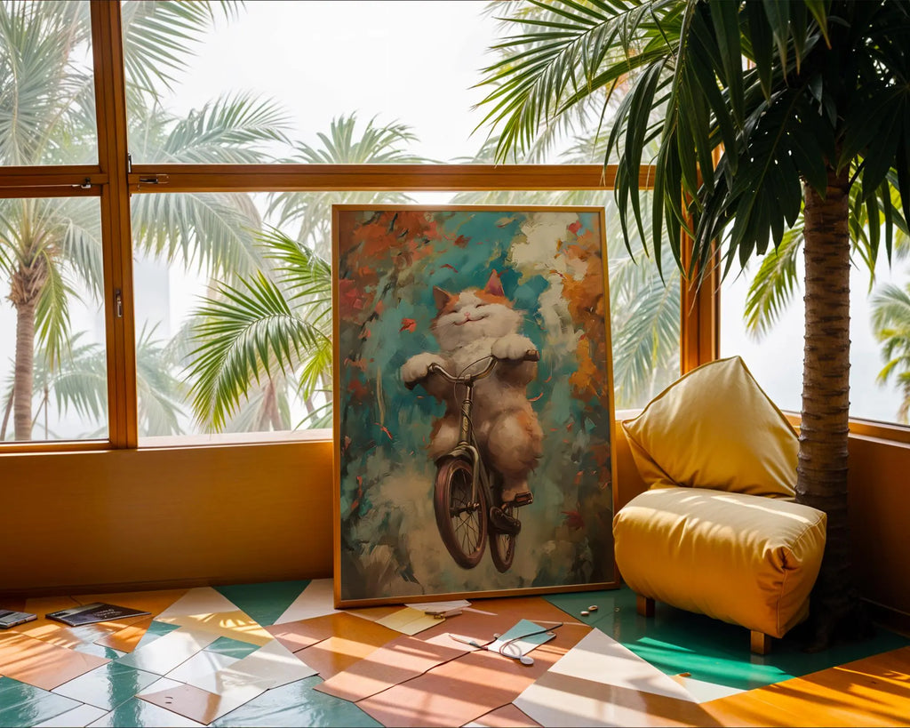 Cat on Bicycle Art Print | Whimsical Autumn Animal Poster wall art print, modern home decor, unframed artwork by Nomad & Nest