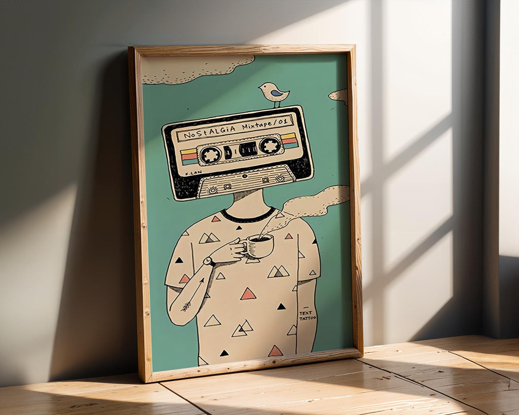 Modern Pop Art | Retro Mixtape Head  Print | Quirky Music Lover Decor wall art print, modern home decor, unframed artwork by Nomad & Nest