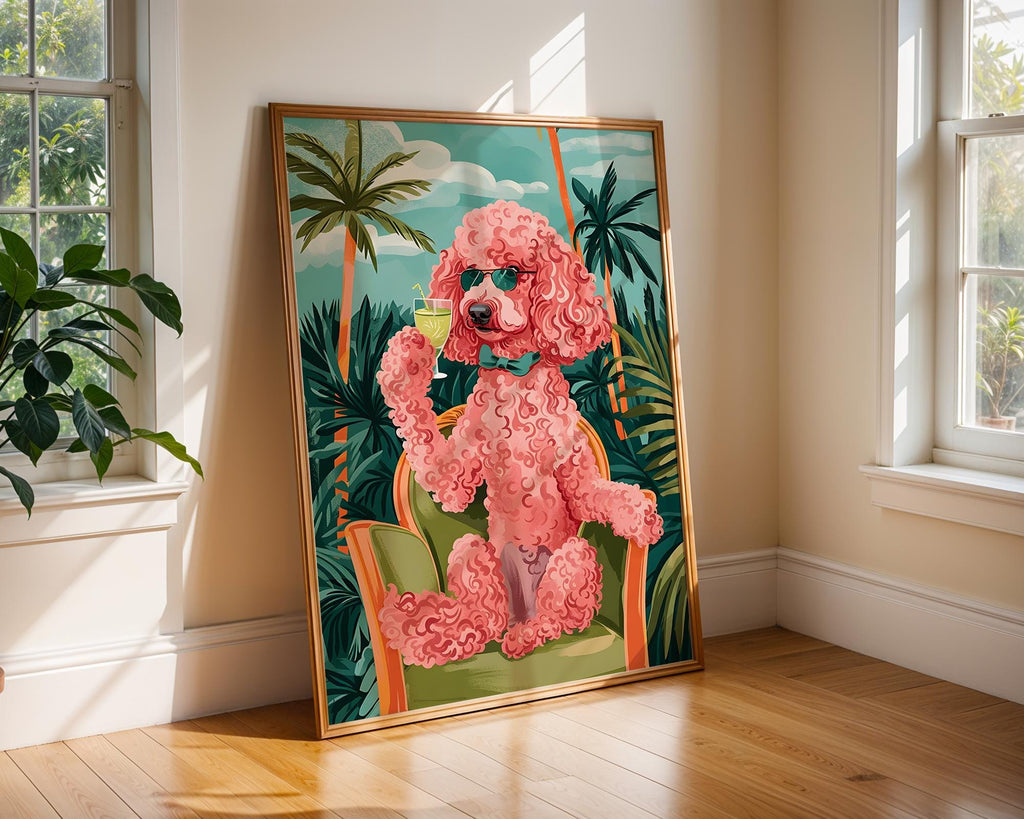 Colourful Prints | Pink Poodle Cocktail Art Print | Retro Tropical Dog Poster wall art print, modern home decor, unframed artwork by Nomad & Nest