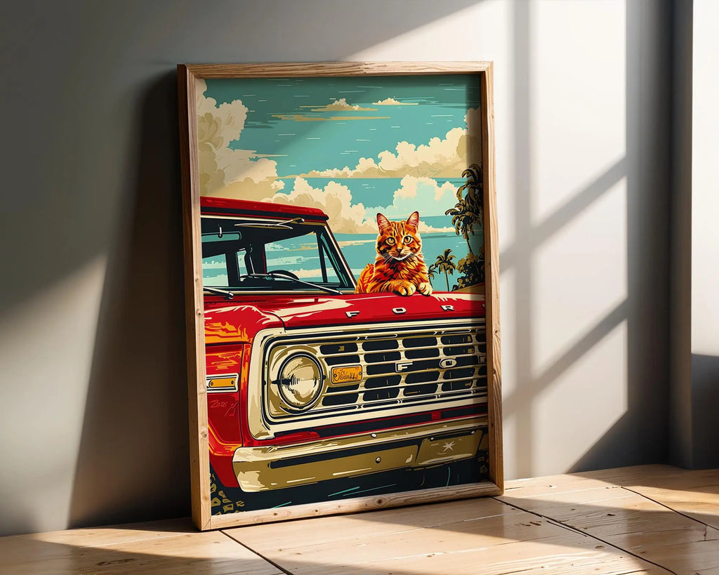 Modern Pop Art | Retro Cat  Print | Classic Red Ford Truck, Coastal  Decor wall art print, modern home decor, unframed artwork by Nomad & Nest