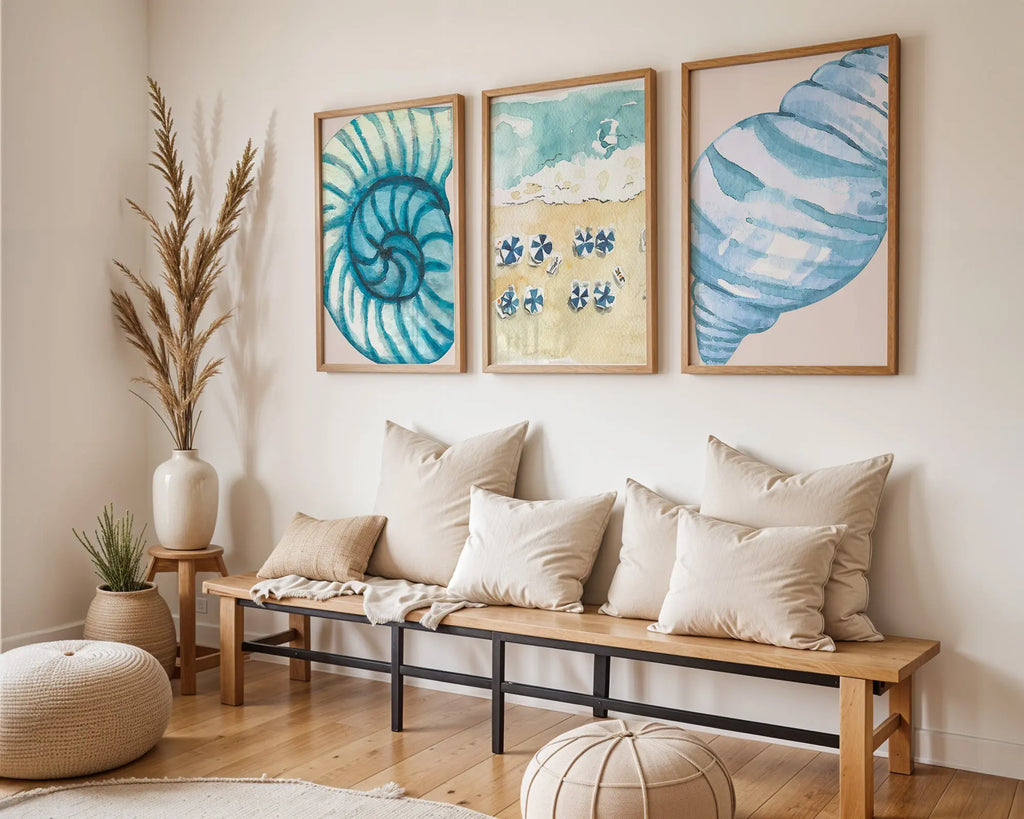 Colourful Prints | Beach Wall Art Prints | Nautical Seashell & Umbrella Watercolour (Set of 3) wall art print, modern home decor, unframed artwork by Nomad & Nest