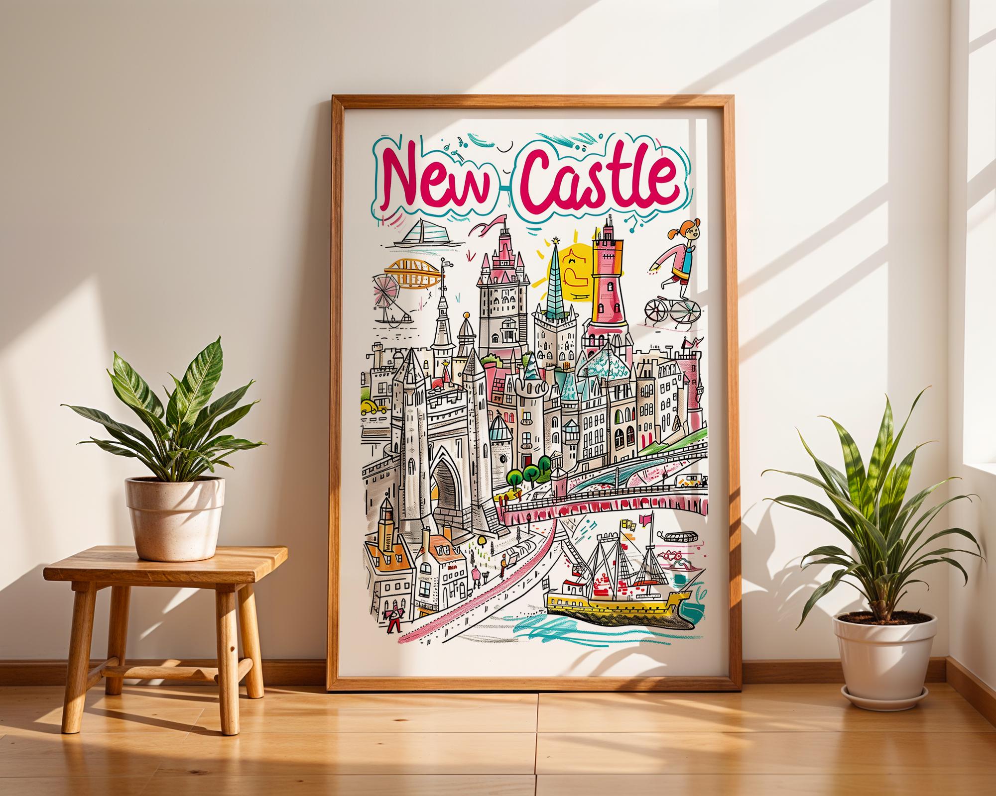 Newcastle Cityscape Art Print | Quirky England Travel Poster wall art print, modern home decor, unframed artwork by Nomad & Nest