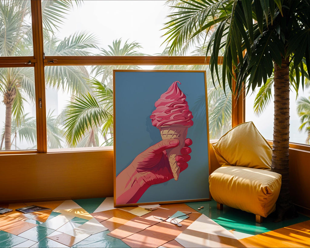 Colourful Prints | Pink Ice Cream Cone Art Print | Retro Summer Dessert Poster wall art print, modern home decor, unframed artwork by Nomad & Nest
