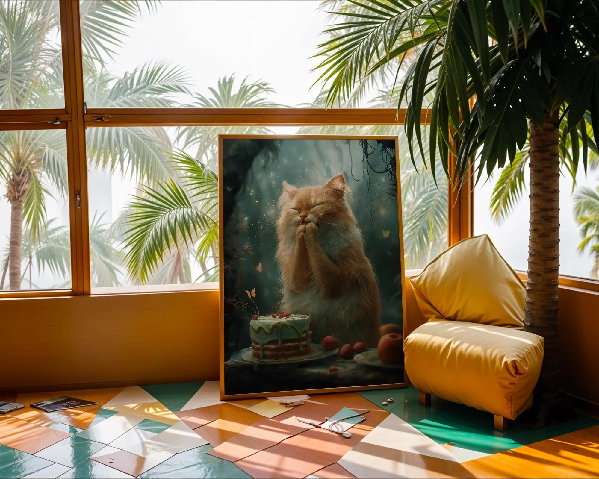 Whimsical Orange Cat Praying to Cake Art Print | Cottagecore Kitchen Decor wall art print, modern home decor, unframed artwork by Nomad & Nest