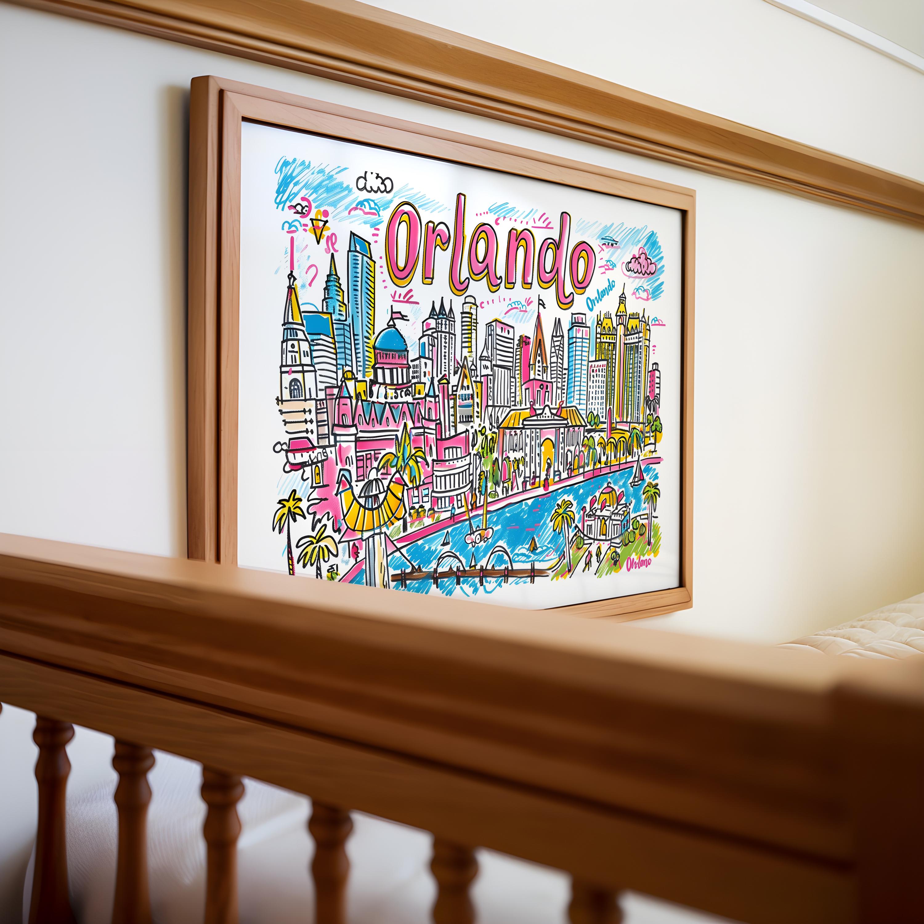 Orlando Florida Cityscape Poster | Colorful Travel Art Print wall art print, modern home decor, unframed artwork by Nomad & Nest