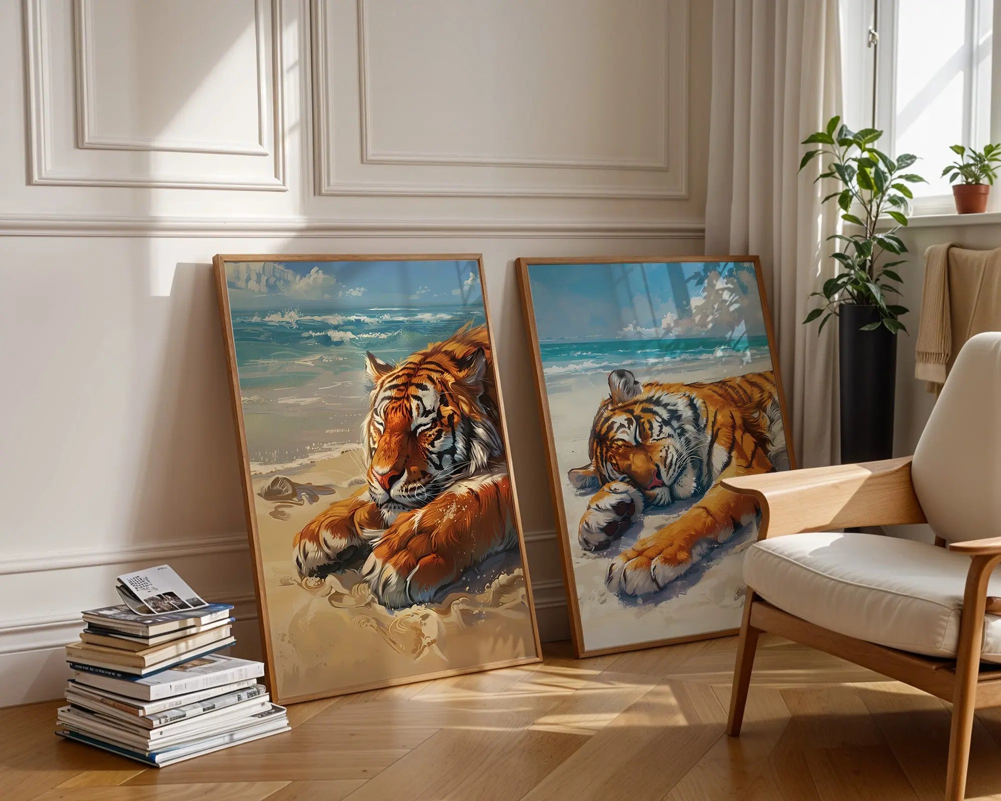 Colourful Prints | Beach Tiger Print Set | Coastal Animal Wall Art (Set of 2) wall art print, modern home decor, unframed artwork by Nomad & Nest