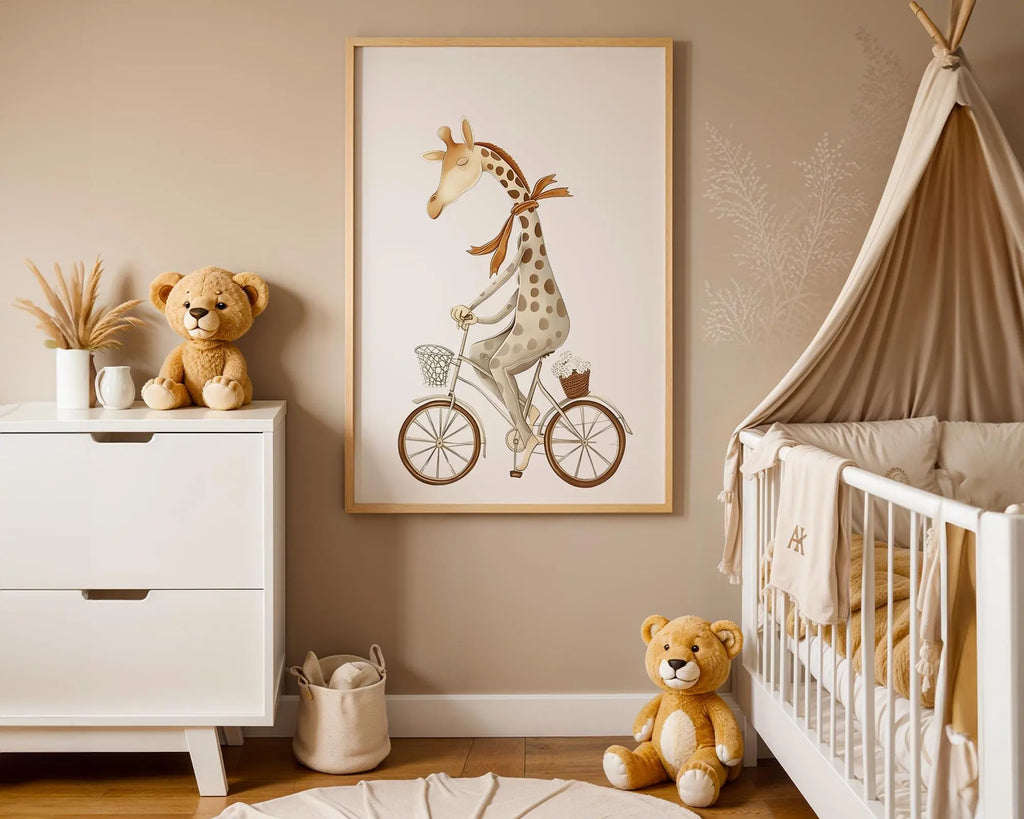 Playroom Ideas | Giraffe Bicycle Nursery Print | Whimsical Animal Art wall art print, modern home decor, unframed artwork by Nomad & Nest