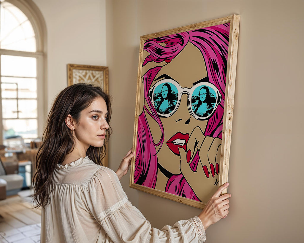 Modern Pop Art | Mona Lisa Sunglasses  Print | Pink Hair, Roy Lichtenstein Style wall art print, modern home decor, unframed artwork by Nomad & Nest