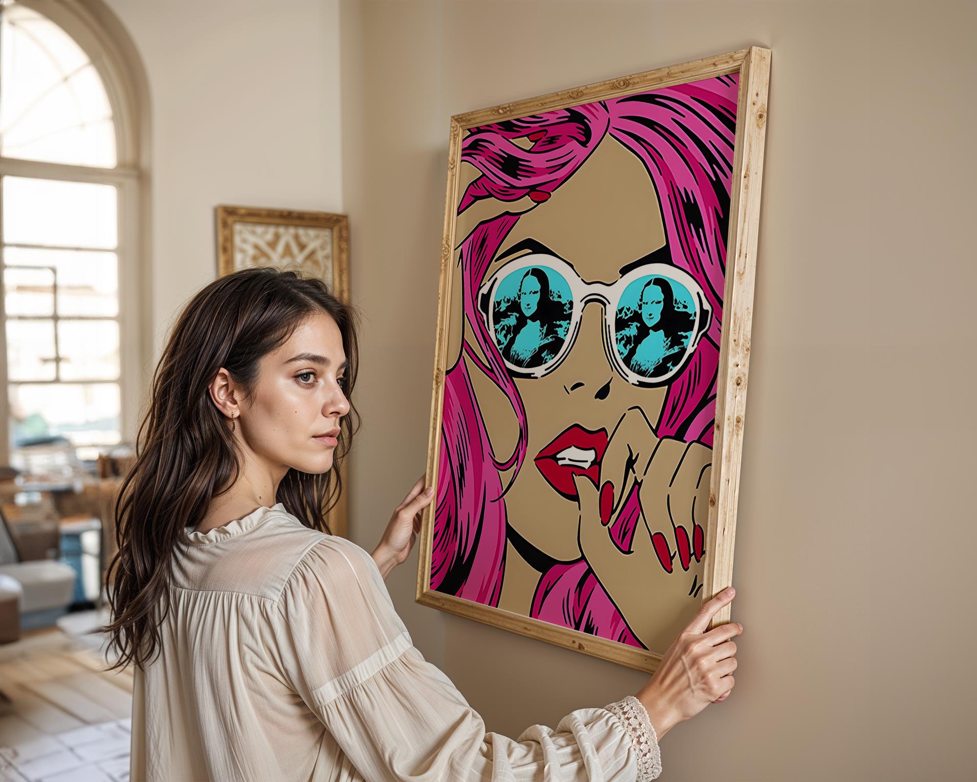 Modern Pop Art | Mona Lisa Sunglasses  Print | Pink Hair, Roy Lichtenstein Style wall art print, modern home decor, unframed artwork by Nomad & Nest