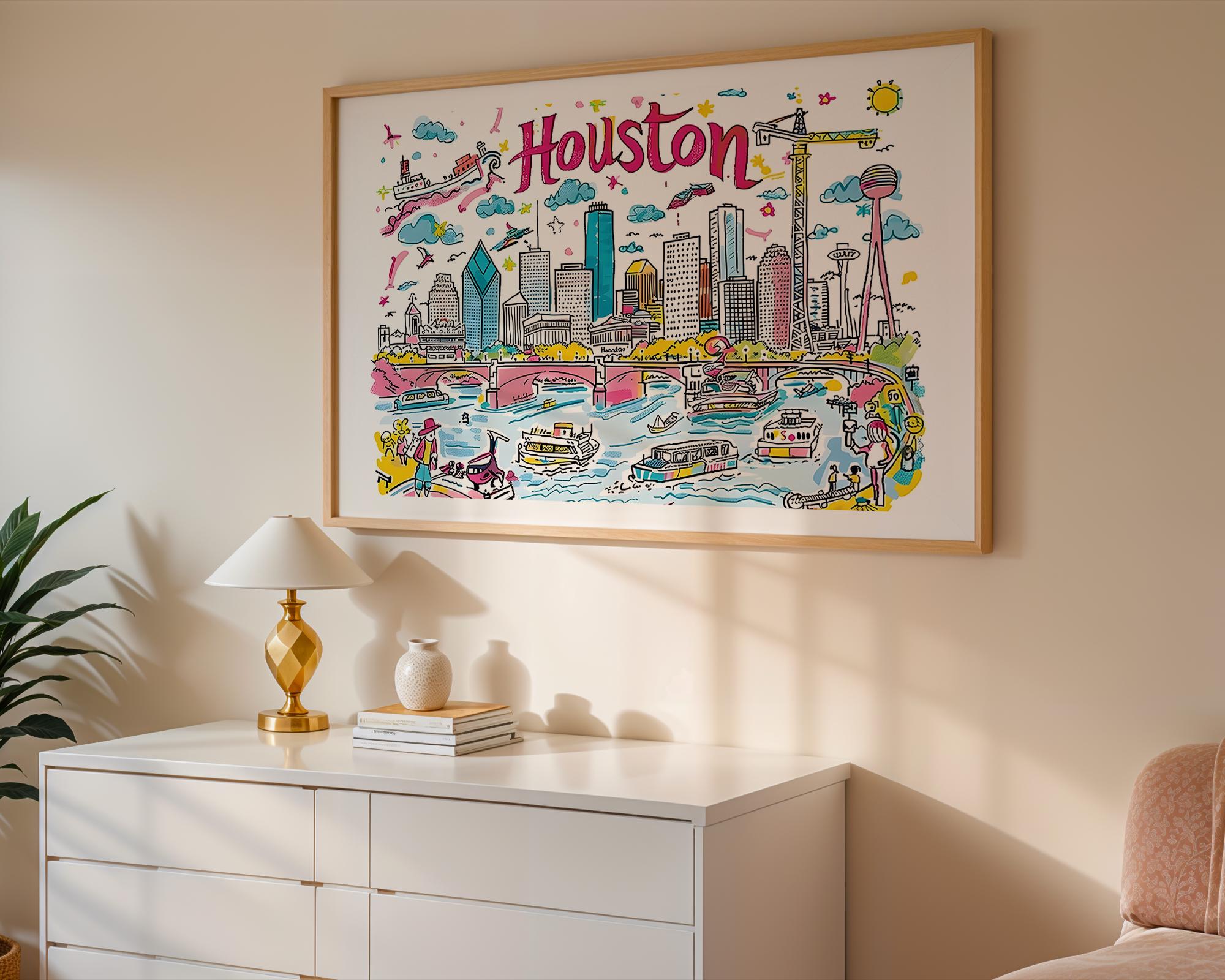 Houston Texas Cityscape Poster | Colorful Travel Art Print wall art print, modern home decor, unframed artwork by Nomad & Nest