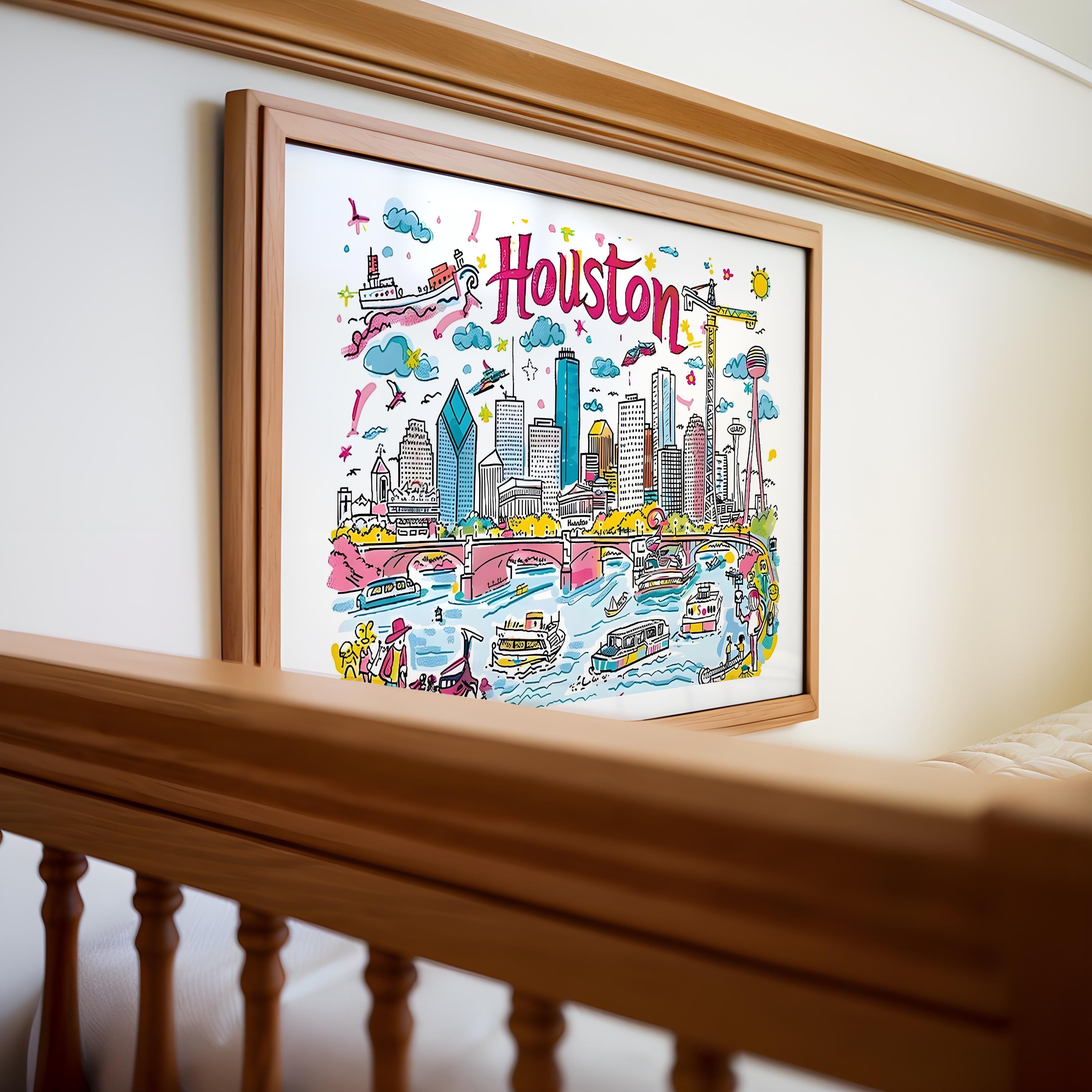 Houston Texas Cityscape Poster | Colorful Travel Art Print wall art print, modern home decor, unframed artwork by Nomad & Nest
