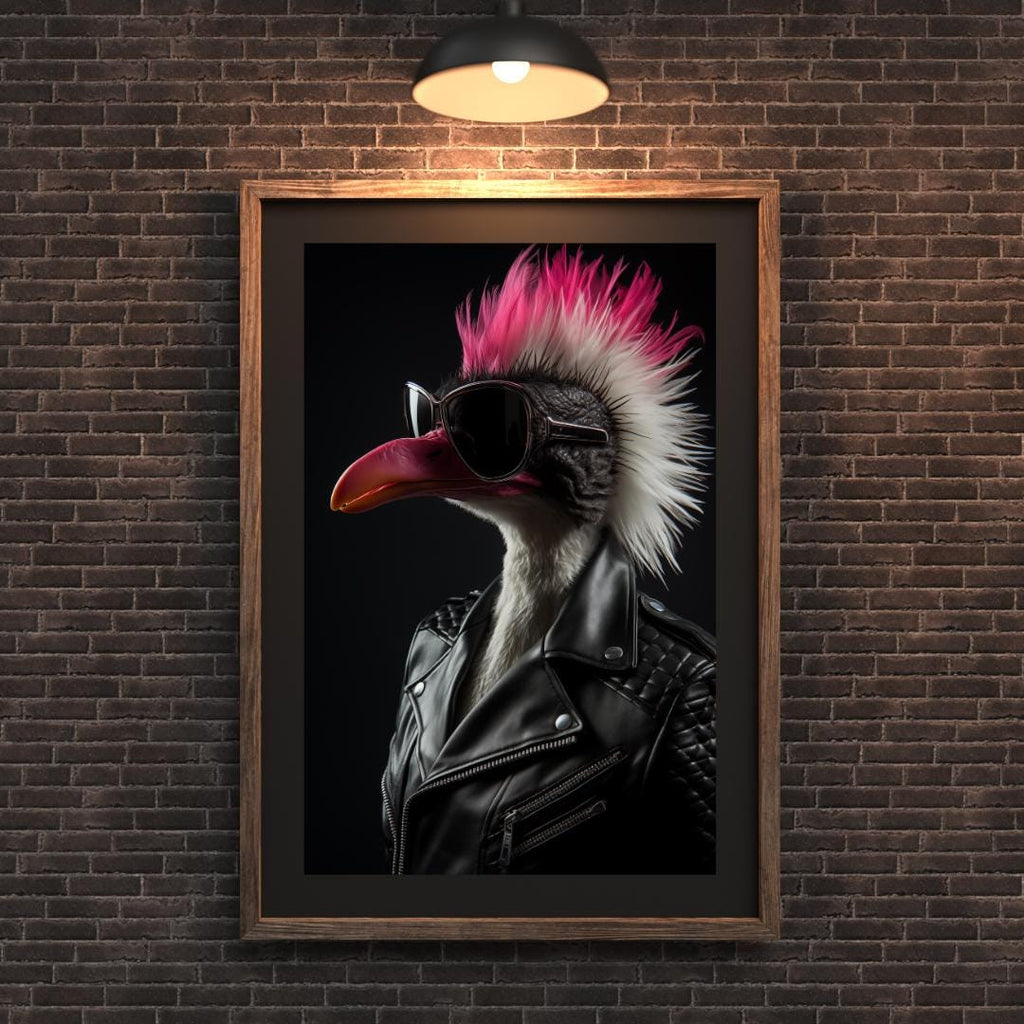 Punk Rock Flamingo Print | Leather Jacket Mohawk Bird Wall Art wall art print, modern home decor, unframed artwork by Nomad & Nest