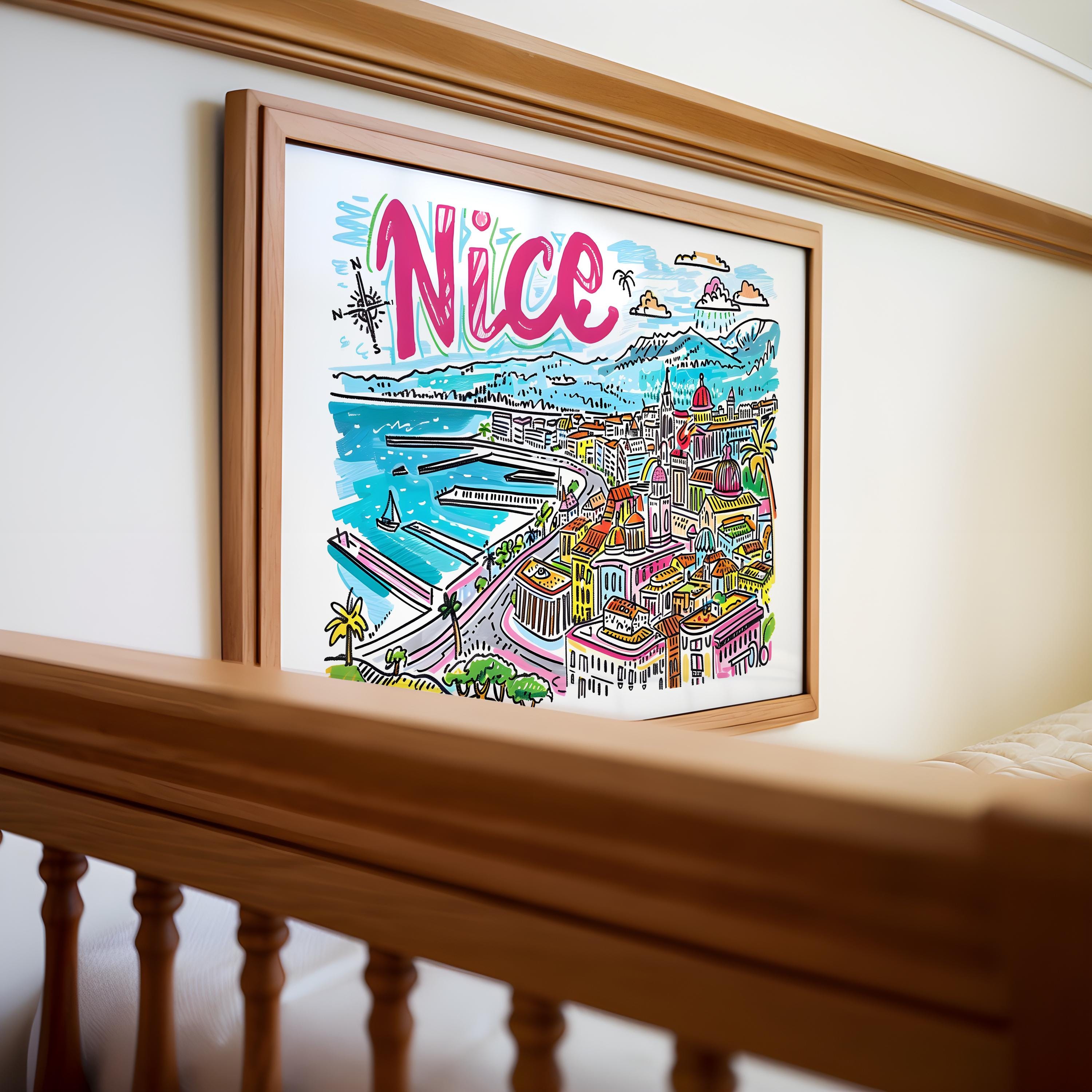 Nice France Travel Poster | Colorful Promenade des Anglais Art Print wall art print, modern home decor, unframed artwork by Nomad & Nest
