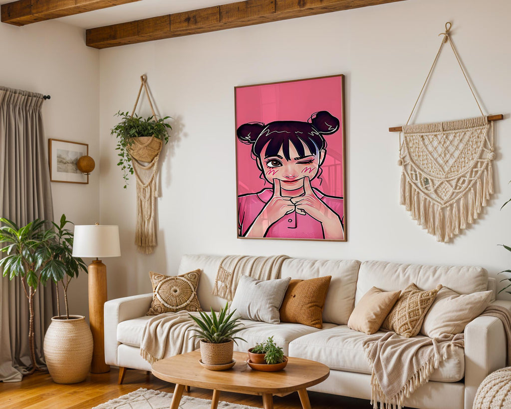 Modern Pop Art | Winking Girl  Poster | Kawaii Pink Cartoon Decor wall art print, modern home decor, unframed artwork by Nomad & Nest