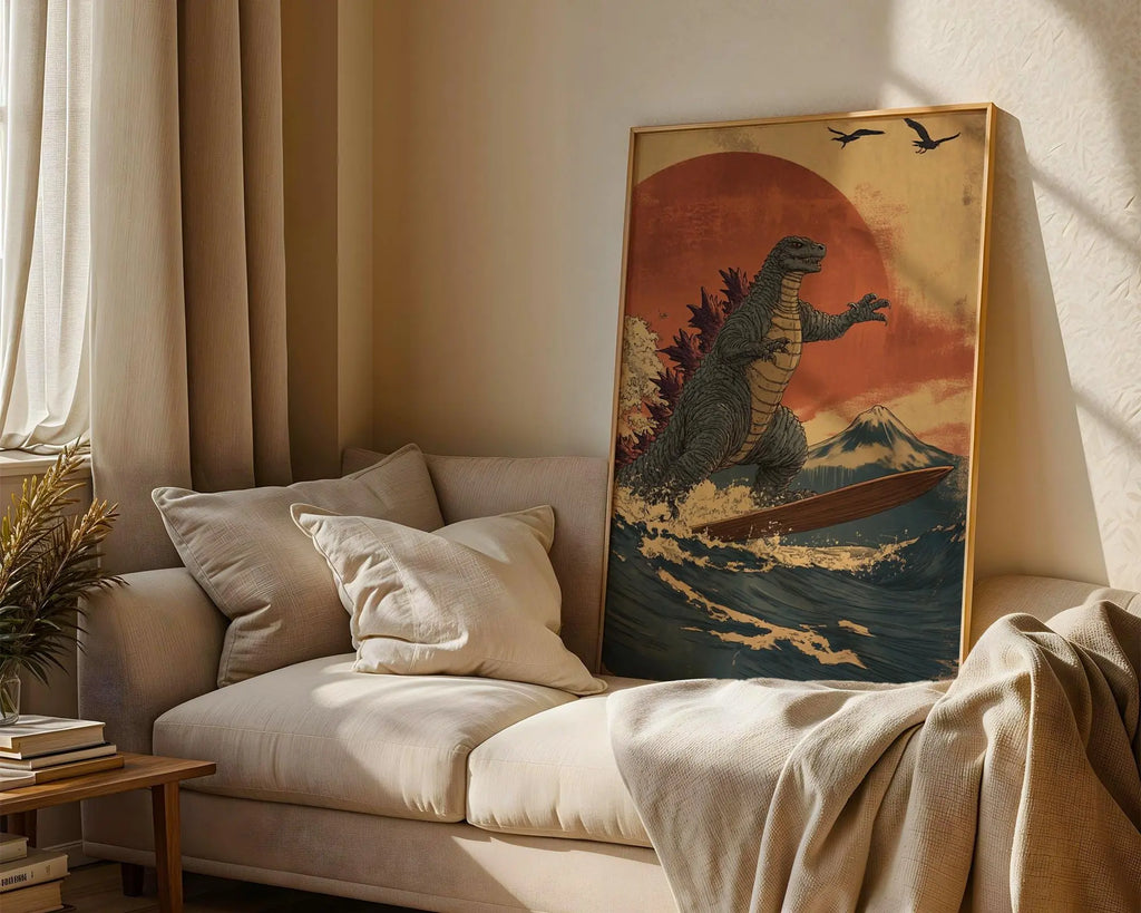 Japanese Poster | Godzilla Surfing Ukiyo-e Print –  Wave, Kaiju Art wall art print, modern home decor, unframed artwork by Nomad & Nest