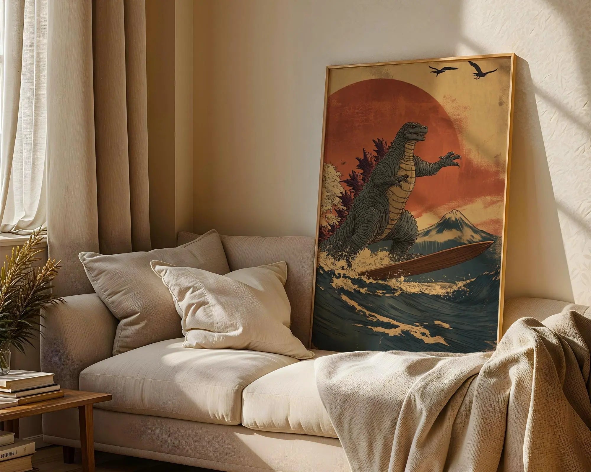 Japanese Poster | Godzilla Surfing Ukiyo-e Print –  Wave, Kaiju Art wall art print, modern home decor, unframed artwork by Nomad & Nest