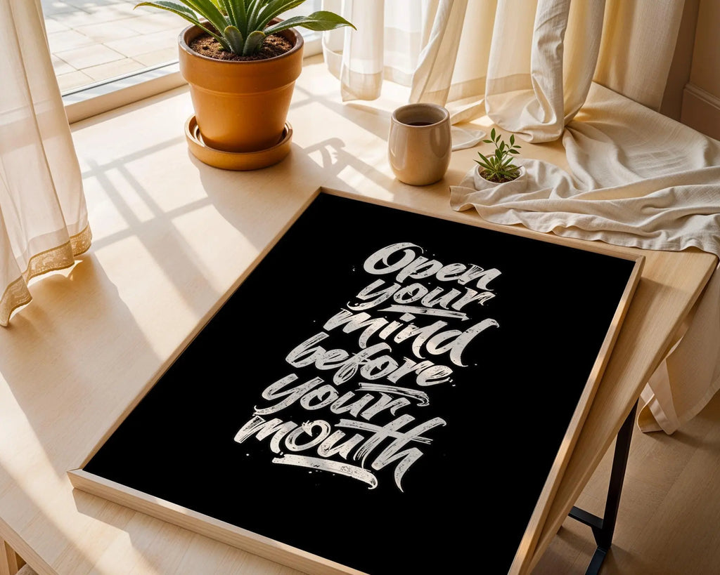 Positive Emotion | Open Your Mind Before Your Mouth Quote Print Bold Typography wall art print, modern home decor, unframed artwork by Nomad & Nest